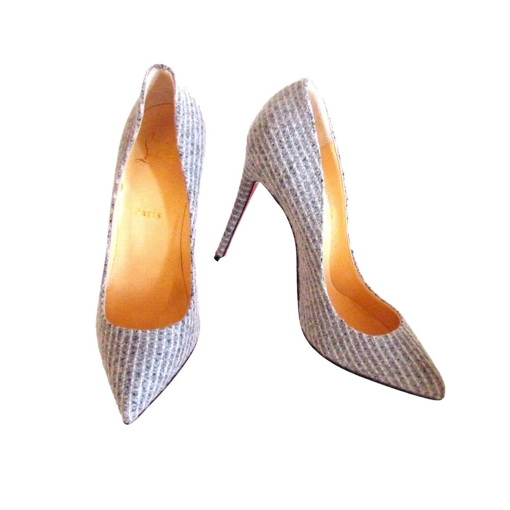 Designer Christian Louboutin Paris Grey/White Flanelle Red Sole High Heel Pumps